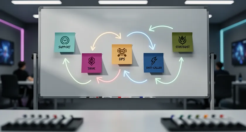 Primer plano de una pizarra blanca en una sala de entrenamiento, con cinco post-its de colores representando roles, conectados por flechas que forman un diagrama de sinergia, iluminación fluorescente clara, sensación de análisis metódico