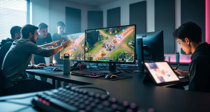 Fotografía de estilo documental de un equipo de cinco personas en una sala de scrim, cuatro discutiendo animadamente alrededor de una pantalla que muestra un replay de teamfight, uno toma notas en una tablet, luz natural filtrándose por persianas venecianas, ambiente de revisión colaborativa