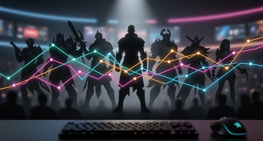 Representación visual abstracta de datos: múltiples líneas de tendencia de winrate superpuestas sobre siluetas de campeones en un fondo oscuro, puntos de datos brillantes conectan picks y resultados, estética de analytics moderno, enfoque en la narrativa de los números