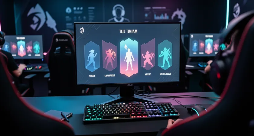 Gros plan sur l'écran d'un joueur dans un environnement sombre, montrant le lobby de sélection de champions de League of Legends, cinq noms d'équipe visibles, le curseur survolant un champion, lumière bleutée de l'écran éclairant le clavier mécanique