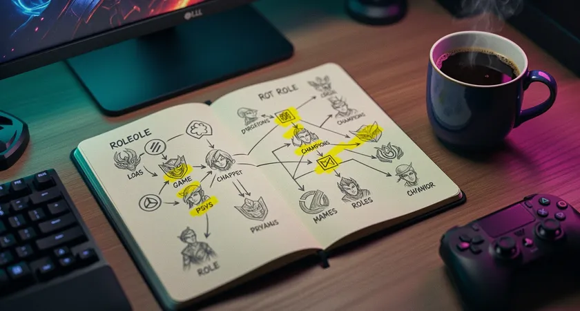 Vue en plongée sur un carnet de notes ouvert posé sur un bureau, diagramme dessiné à la main reliant des icônes de champions à des rôles, surligneur jaune marquant des connections, tasse de café à côté, ambiance de préparation stratégique