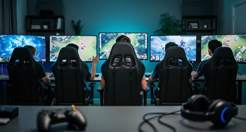 Vue de l'arrière de cinq chaises de gaming dans un set-up domestique, écrans allumés montrant divers moments de partie, une main tendue vers le centre pour un 'hype' pré-partie, ambiance de cohésion d'équipe