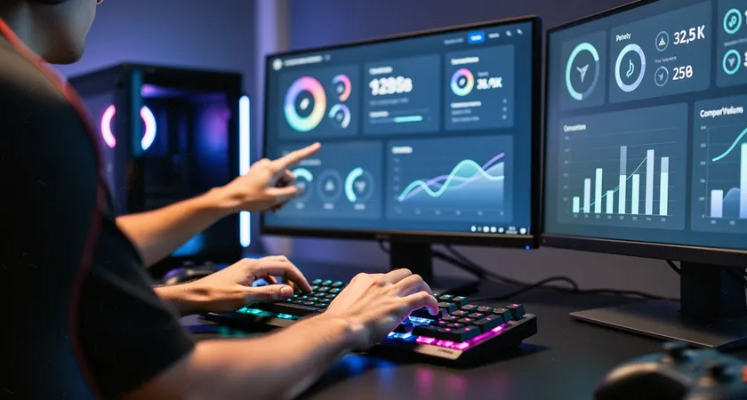 Plan serré sur deux mains sur un clavier, une main tape, l'autre pointe un élément précis sur un second écran affichant des statistiques de champion, reflet d'un diagramme de synergie visible sur l'écran principal