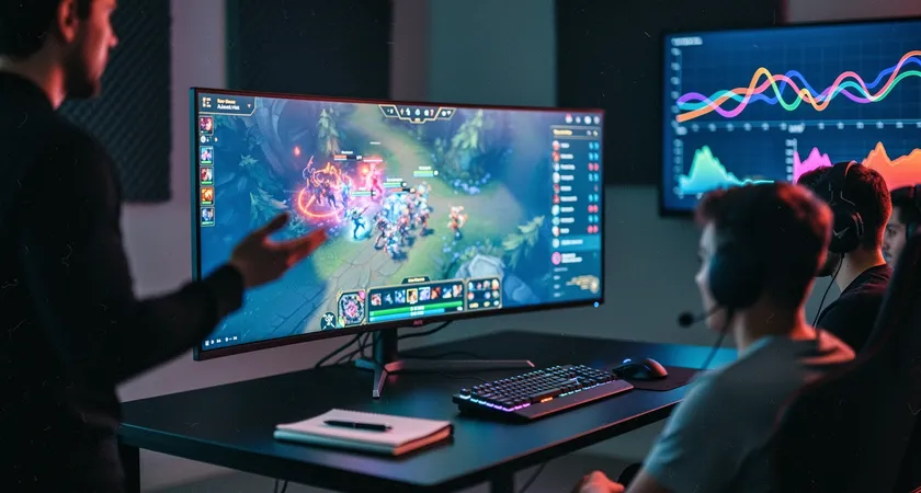 A close-up, intimate shot of a human coach and a player side-by-side in front of a monitor. The coach points at the screen showing a paused teamfight replay, their expression focused and engaged. The player listens intently, leaning forward. Warm, natural light from a desk lamp highlights the collaborative and interpersonal nature of the moment.