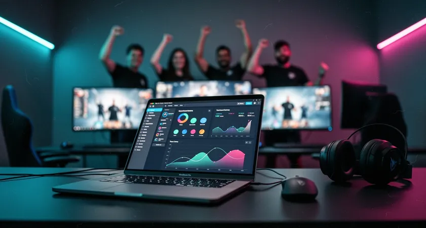 A low-angle shot looking up at a team of five players celebrating a win, their faces lit by monitor glow, hands raised. In the foreground, slightly out of focus, lies a laptop open to an analytics site. The image symbolizes human triumph supported by, but not subordinate to, the technology at their side.