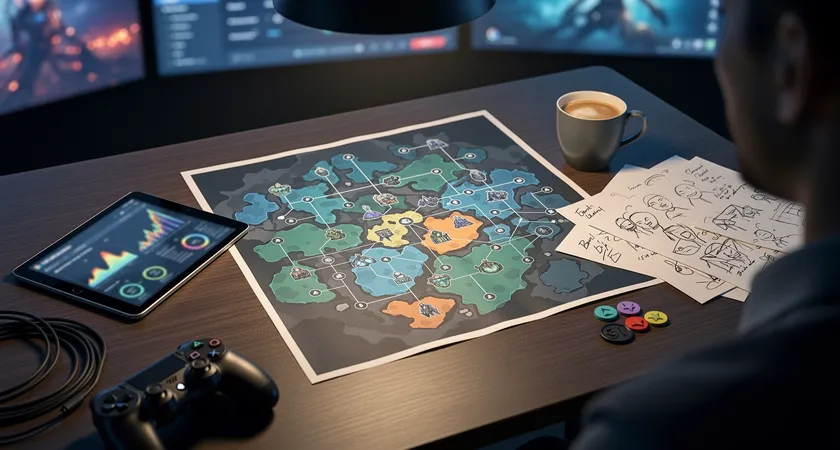 An overhead shot of a war room style planning table. A large printed map of Summoner's Rift is laid out, flanked by a tablet showing analytics on one side and a cup of coffee and handwritten player notes on the other. The composition shows the equal partnership between technology and human-centric planning in a serious competitive environment.