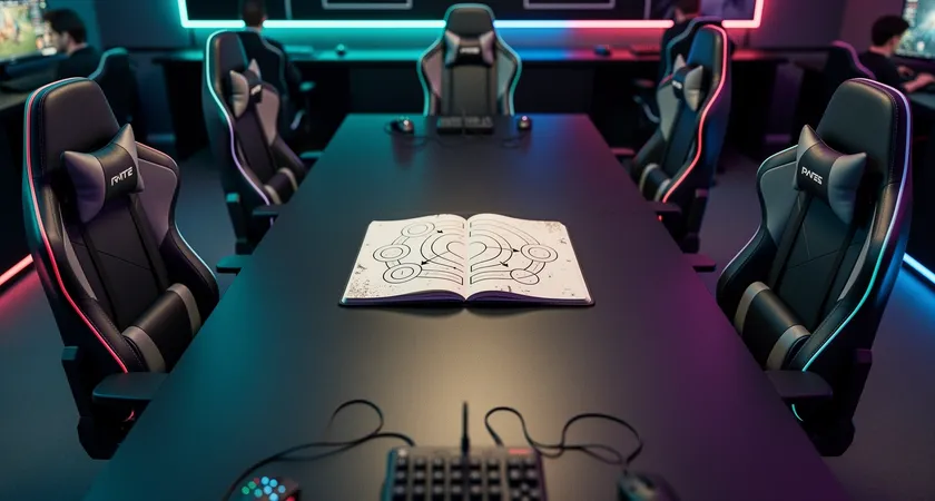 Vista cenital de una mesa de reunión con cinco sillas de gaming, un cuaderno abierto con un diagrama de rotaciones dibujado a mano en la página, luces LED tenues en el fondo, ambiente concentrado y preparatorio