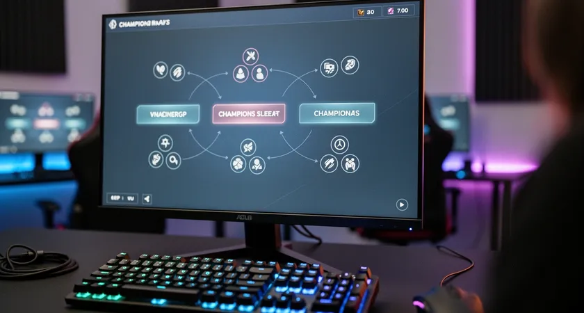 Primer plano de una pantalla de monitor durante la fase de selección de campeones, se ven tres nombres de invocador con líneas conectando sus picks en un diagrama de sinergia, luz azulada de la pantalla ilumina un teclado mecánico