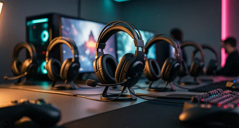 Fotografía de ambiente de un set de gaming para equipo, se ven cinco auriculares sobre mesas, el foco está en el micrófono de uno de ellos, iluminación lateral cálida, sensación de orden y equipo preparado