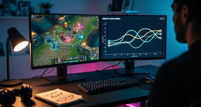 Un escritorio con dos pantallas, en una se ve un replay de League of Legends pausado en un momento de teamfight con anotaciones dibujadas sobre la imagen, en la otra hay un gráfico de líneas de tiempo de objetivos, luz de escritorio focal, ambiente de análisis profundo