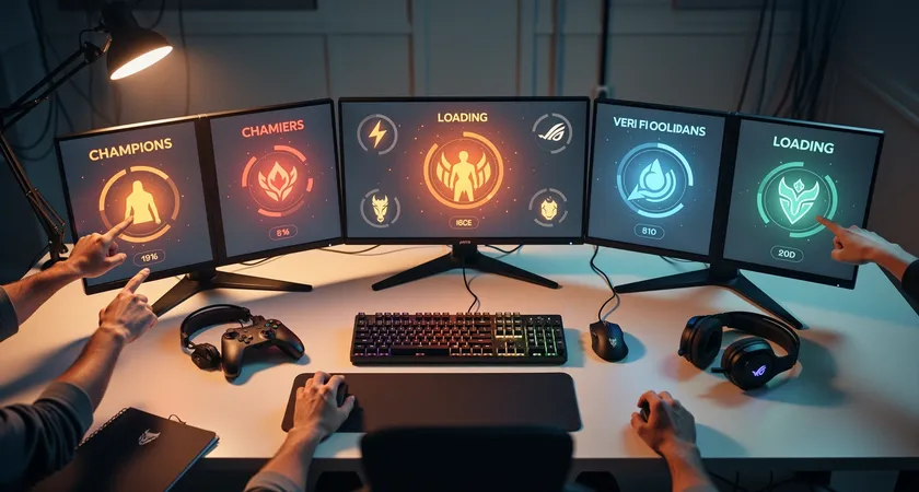 Vue en plongée sur une table de gaming, cinq écrans allumés affichant l'écran de chargement de Summoner's Rift. Des mains pointent vers différents champions sur les écrans. Ambiance chaude de lumière d'écran dans une pièce sombre, bouteilles d'eau et casques audio posés