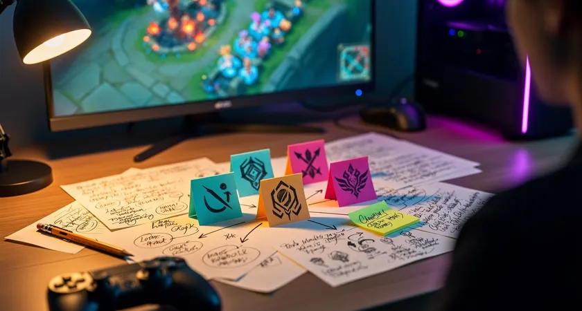 Plan moyen d'un tableau blanc effaçable accroché au mur d'un bureau. Des post-it de couleurs représentent des champions sont reliés par des flèches à des notes manuscrites comme "macro", "engage", "late insurance". Lumière de lampe de bureau chaude