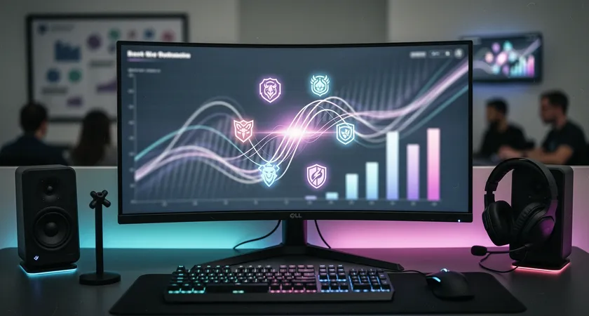Vue rapprochée d'un dashboard digital sur un écran large, affichant des graphiques et des KPI pour une équipe de 5 joueurs. On distingue des courbes de tendance, des histogrammes comparatifs et des icônes de champions. Rétroéclairage RGB discret