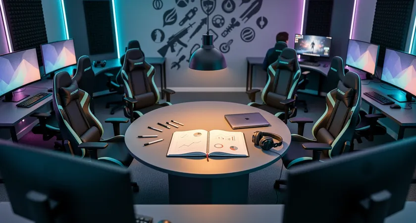 Plan large d'un espace de jeu collaboratif le soir, cinq chaises gaming vides face à leurs écrans éteints. Le centre de la pièce est éclairé par une seule lampe, illuminant un notebook ouvert avec des graphiques imprimés et des stylos. Ambiance calme et post-session