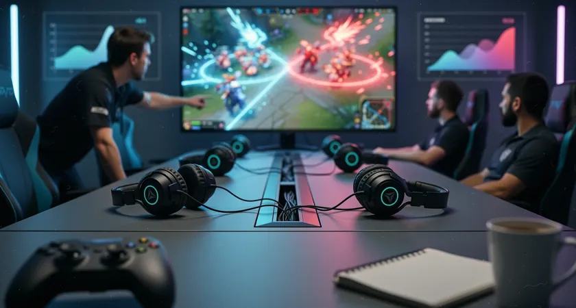 Medium shot of a team in a gaming room, five headsets on a long desk, all focused on a large central screen displaying a frozen League of Legends teamfight, one player pointing at the screen while others listen intently