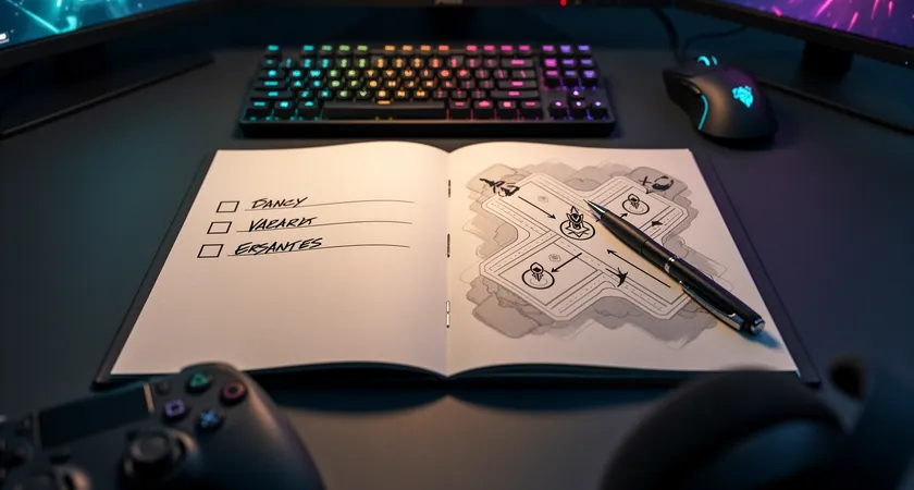 Overhead view of a notebook open on a desk, left page shows three handwritten action items with checkboxes, right page has a sketched map of Summoner's Rift with ward locations circled, a pen rests on the page
