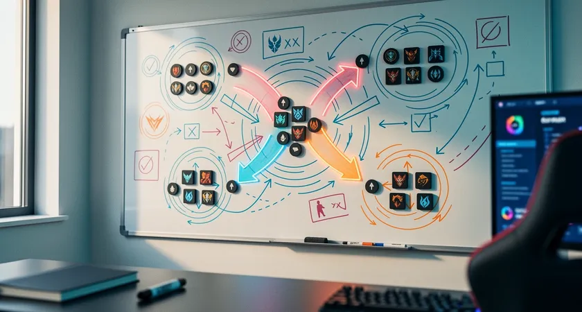 Wide shot of a strategy whiteboard covered in colored diagrams, champion icons printed on magnets arranged in team comps, arrows drawn for rotation paths, natural light from a window hitting the board