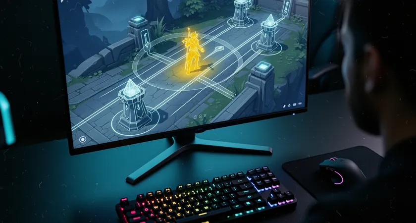 Vista cenital de un mapa de League of Legends en una pantalla de monitor, con el jugador en línea lateral destacado en amarillo y líneas de presión que se extienden desde las torres, iluminación ambiental azulada, teclado mecánico en primer plano