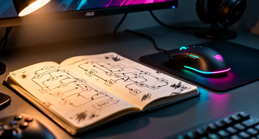Primer plano de un cuaderno de análisis táctico abierto, con diagramas de flujo de jugadas, tiempos anotados a mano y un ratón gaming al lado, luz de escritorio cálida iluminando las anotaciones