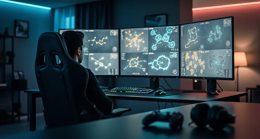 Vista de un jugador analizando múltiples repeticiones en pantallas divididas, comparando movimientos de minimapa, iluminación tenue de una habitación gaming, silla ergonómica visible