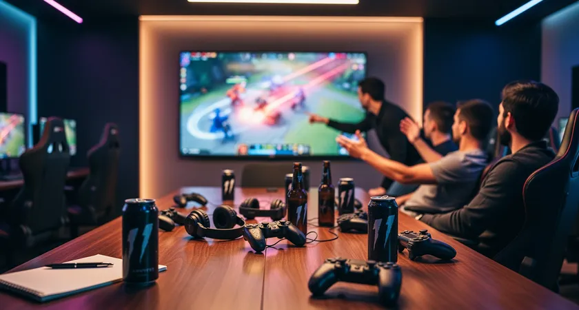Fotografía de ambiente de un equipo amateur discutiendo estrategia frente a un televisor con repetición de una jugada, gestos animados, iluminación cálida de un local de gaming, bebidas energéticas sobre la mesa