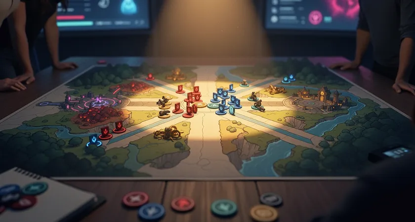 Vue en plongee sur une carte schematique de Summoner's Rake sur une table, des pions de couleurs representant des positions d'equipe divergentes, eclairage chaud focalise sur le centre, ambiance de strategie en salle de commandement