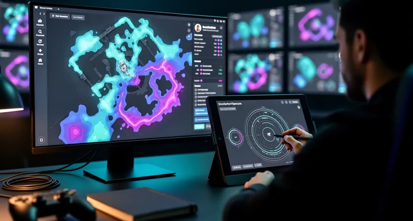 Capture d'ecran large fictive d'une interface d'analyse en temps reel, avec des graphiques de pression de carte et des chronos d'objectifs surlignes, deux personnes pointant l'ecran avec un stylet, ambiance de debriefing professionnel en semi-obscurite