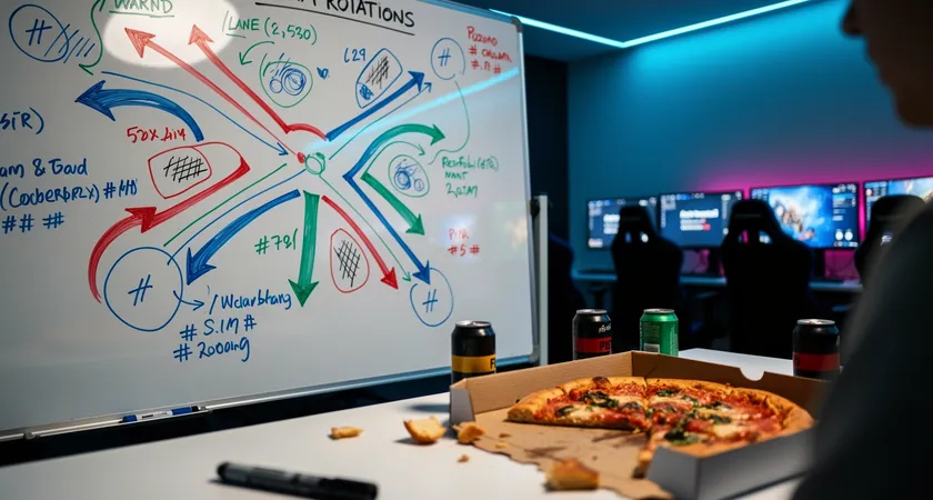 Gros plan sur un tableau blanc dans une gaming house, avec des schemas de warding pour le Baron et le Dragon, des fleches de couleur et des zones surlignees, reste de pizza et canettes sur le cote, ambiance detendue mais concentree