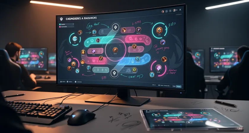 Vue d'un ecran d'ordinateur en salle de draft, montrant l'interface de selection de champions avec des surbrillances et des annotations manuscrites sur un calque, mains de joueurs sur clavier et souris, ambiance de concentration intense avant le debut d'une partie