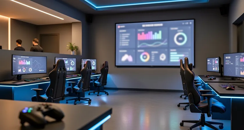 Vue d'ensemble d'un espace commun de gaming house moderne, avec cinq setups alignes, un grand ecran mural affichant des stats d'equipe en direct, lumiere neon bleue et ambiance detendue post-session, des chaises videes