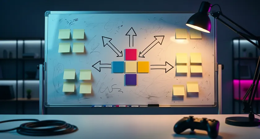 Close angle of a whiteboard covered with simple arrows, colored squares, and blank sticky notes, warm lamp light, muted blue and gray palette, organized but tense atmosphere