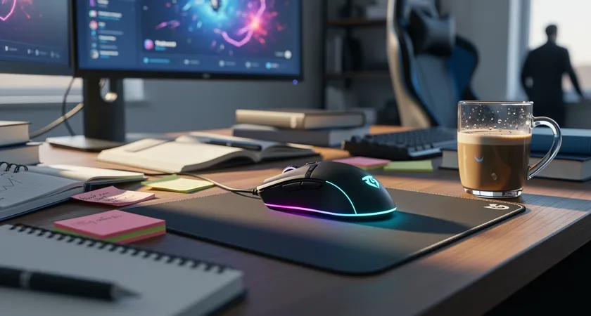 Wide view of a cluttered desk with notebooks, sticky notes, a gaming mouse, and cold coffee, late daylight across a quiet room, calm and strategic mood