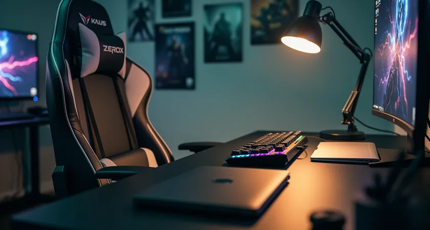 Side view of a tournament-ready gaming chair, mechanical keyboard, and notebook on a dark desk, empty room lit by a single warm lamp, quiet preparation before ranked queue