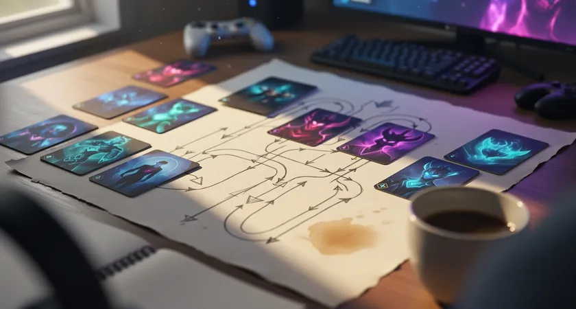 Wide overhead view of scattered cards with champion icons hidden, hand-drawn lane lines on paper, coffee stains, natural window light, calm analytical workspace after a long draft review