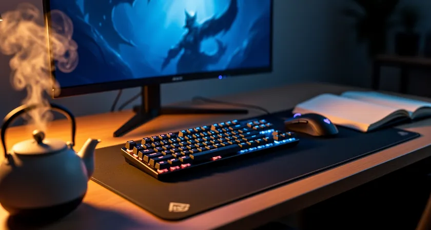 Vue d'un setup de jeu en format paysage, clavier et souris sur tapis, carnet ouvert, théière fumante, lumière dorée rasante, palette bleu nuit et orange.