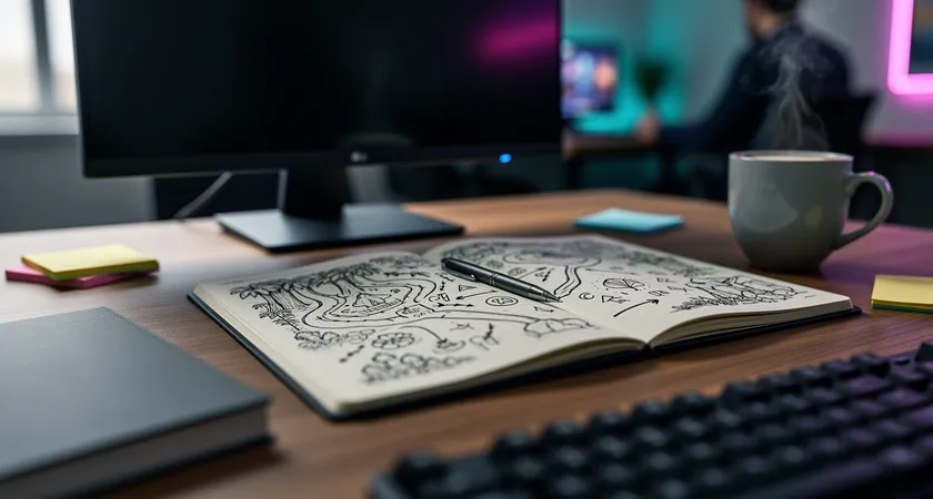 Plan d'un carnet posé sur un bureau, croquis de cheminements jungle, notes manuscrites, café, écran éteint en arrière-plan, lumière naturelle, ambiance réflexion d'équipe.
