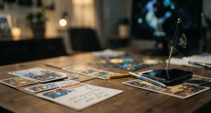 Détail d'une table avec cartes de rôles, surligneurs, téléphone éteint, notes manuscrites floues, mini drapeau sans logo, lumière chaude, analyse d'un plan de jeu.