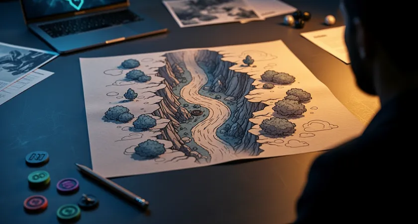 Vista cenital de la Grieta al atardecer, tres rutas con arbustos definidos, mini mapa dibujado sobre mesa, iluminación azul petróleo y dorada, ambiente táctico sin logos
