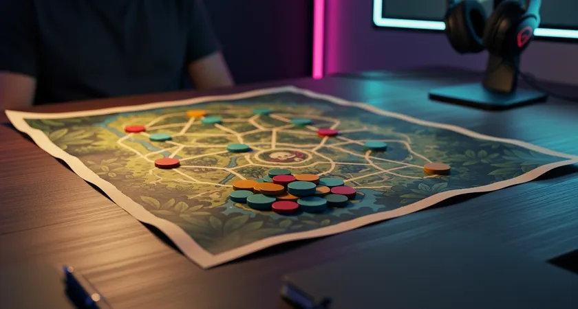 Vista lateral de un mapa impresa en papel sobre mesa de madera, fichas de colores marcando rutas de jungla, luz cálida, ambiente de entrenamiento, sin texto legible