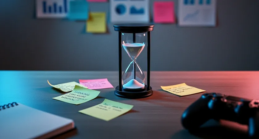 Primer plano de un reloj de arena sobre mesa con tarjetas adhesivas, luz rasante azul, sombra larga, sensación de ventana de riesgo, sin pantallas