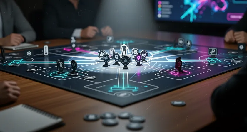 Vista amplia de un tablero de estrategias con piezas sobre madera, iluminación cenital fría, fichas marcando rutas, sensación de análisis de equipo, sin logos