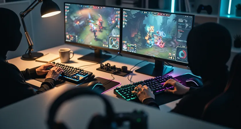 Vista general de dos jugadores sin rostro, manos sobre teclado, mesa con libreta y taza, luz de monitor suave, ambiente de sesión de análisis, sin pantallas legibles