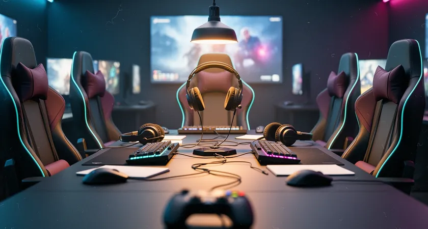 Wide view of five empty gaming chairs around a table with keyboards, headsets, and notebooks, soft lamp glow in a dim room, no faces.