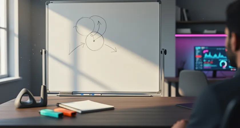 Landing screen with a large blank whiteboard, hand-drawn circles and arrows, muted teal and orange highlighters lying nearby, natural window light from the left.