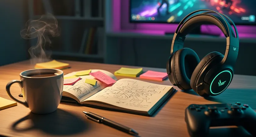 Close view of a wooden desk holding a strategy notebook, sticky notes, a cup of coffee, and a headset resting beside it under warm evening light.