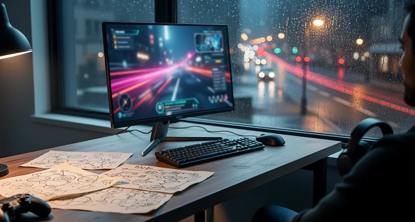 Rainy window overlooking a city street at night, blurred headlights, a quiet room table with scattered paper game plans, soft grey and blue lighting mood.