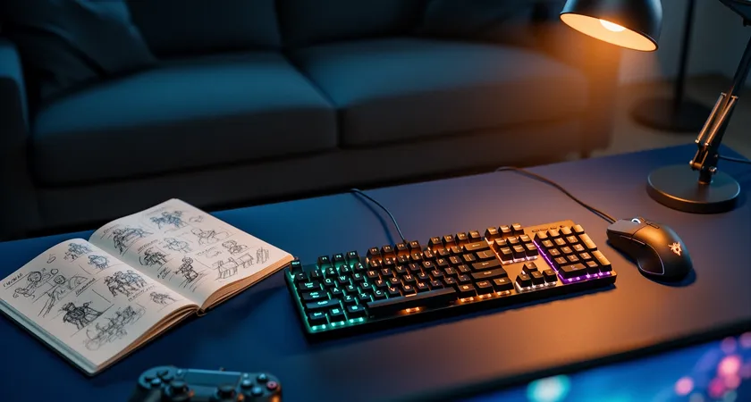 Angle plongeant sur un clavier, souris, carnet ouvert avec draft, lampadaire chaud, fond flou d'un canapé, couleurs bleu nuit et orange