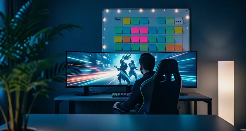 Vue d'ensemble sur un salon sombre, écran large hors focus, tableau de progression mural, chaise gaming, plante, lampe LED, ambiance studieuse, palette bleu et vert