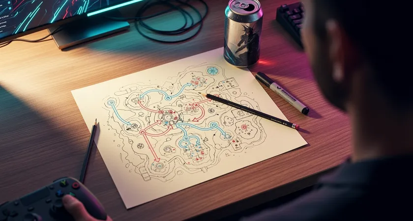 Plano cenital de un escritorio con hoja dibujada con rutas de mapa, sin texto legible, lápiz, marcador y bebida, luz natural lateral, tono cálido de estudio.