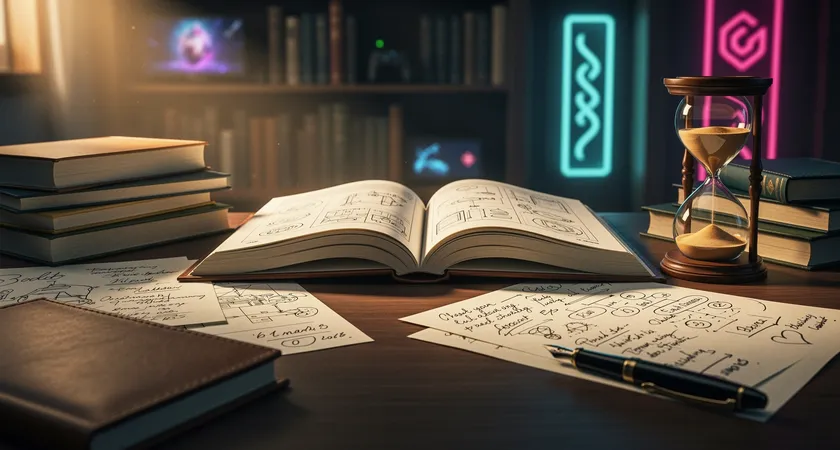 Imagen de una biblioteca virtual impresa en papel, libros finos, notas manuscritas y un reloj de arena sobre madera oscura, luz lateral dorada, sensación de método y revisión, formato horizontal.